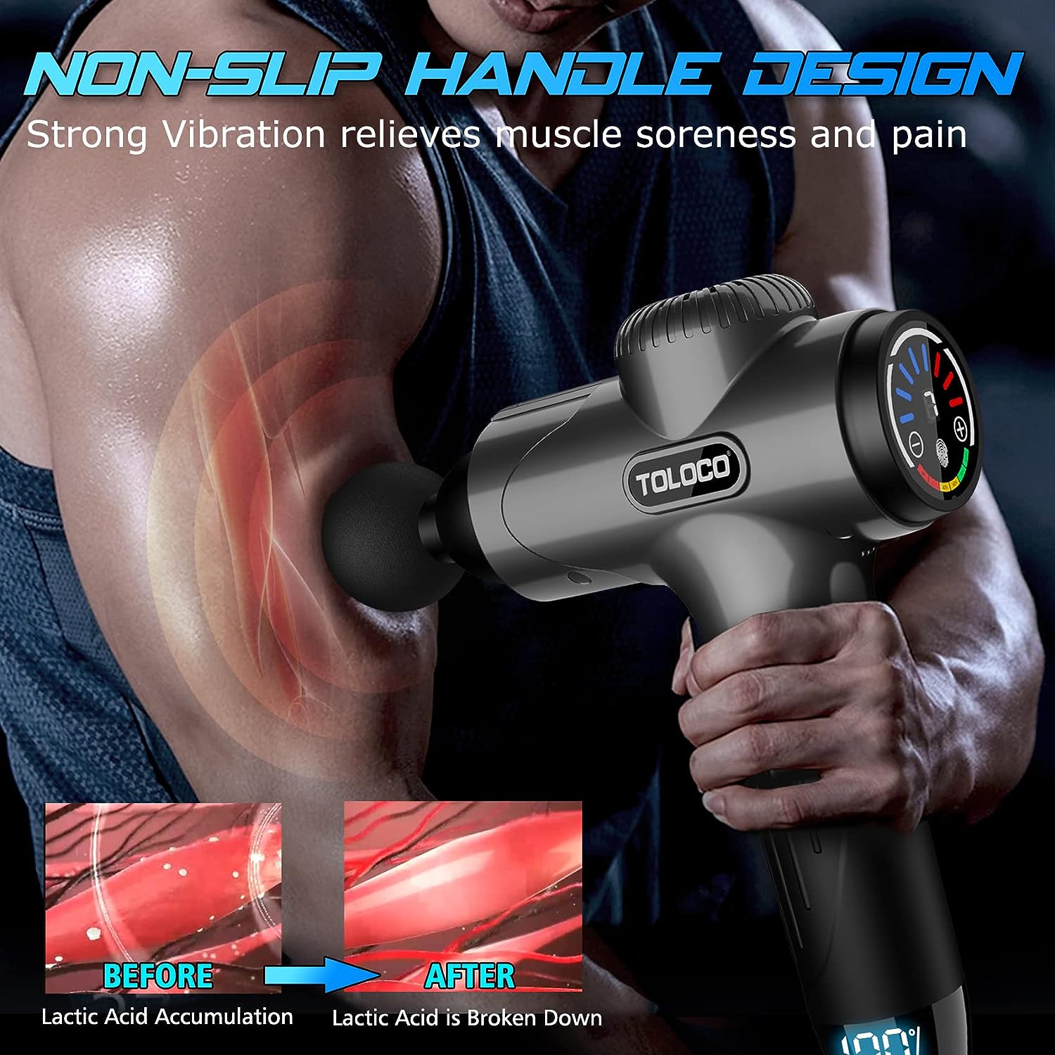 TOLOCO Massage Gun, Muscle Massage Gun Deep Tissue, Percussion Massage Gun with 15 Replacement Heads, Super Quiet Portable Electric Massager for Athletes, Treatment, Relax, Grey