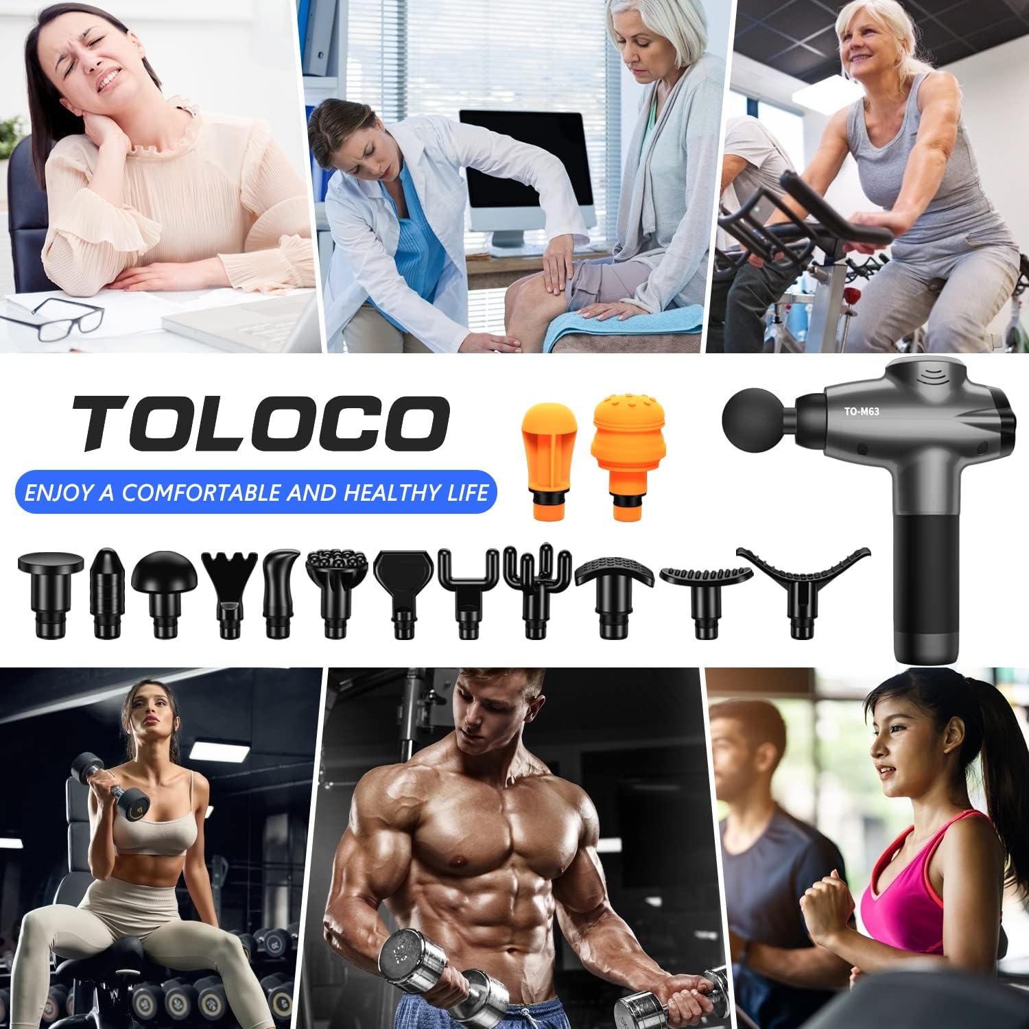TOLOCO Massage Gun, Muscle Massager Compact Deep Tissue Treatment for Any Athlete, Portable Carry Case and 15 Interchangeable Heads Best Gift for Family and Friends, Grey