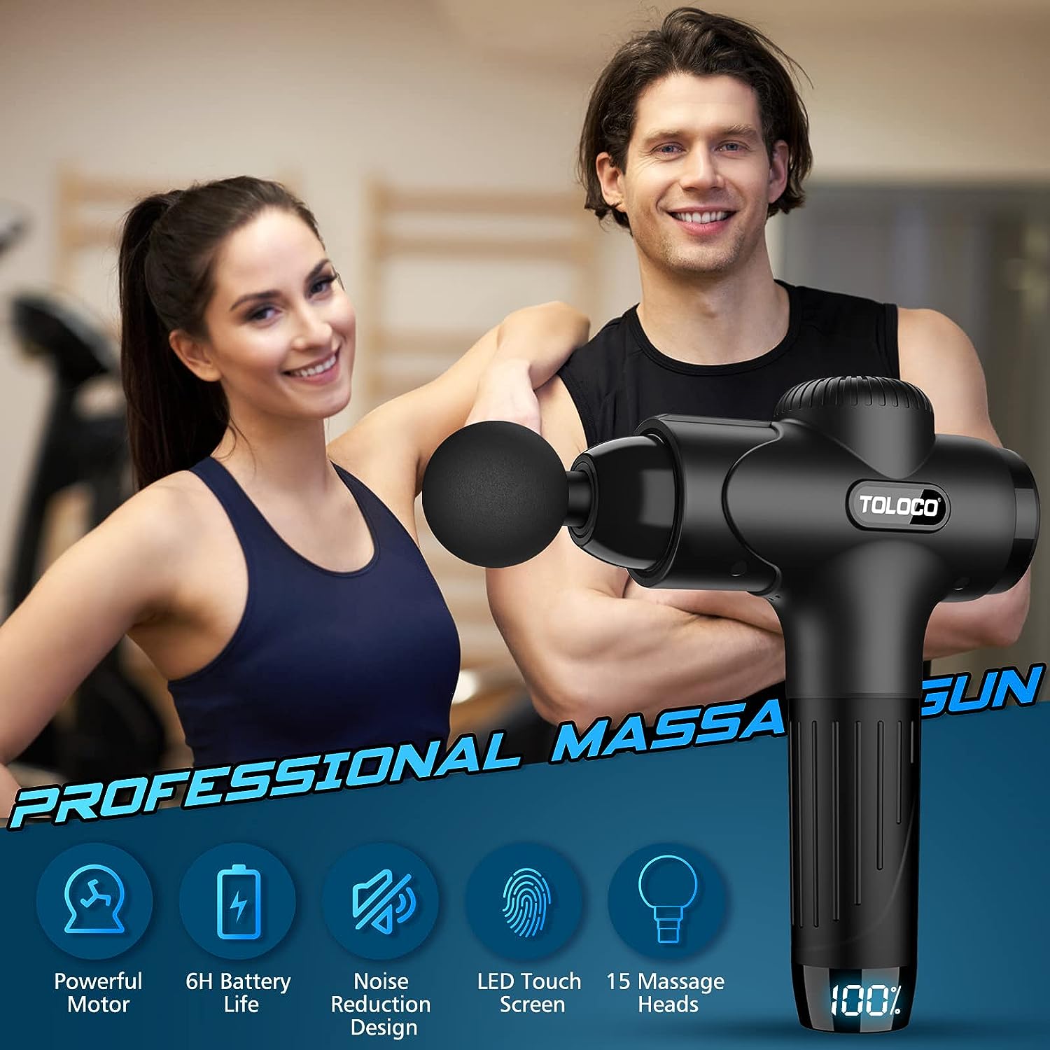 TOLOCO Massage Gun, Muscle Massage Gun Deep Tissue, Percussion Massage Gun with 15 Replacement Heads, Super Quiet Portable Electric Massager for Athletes, Treatment, Relax, Black