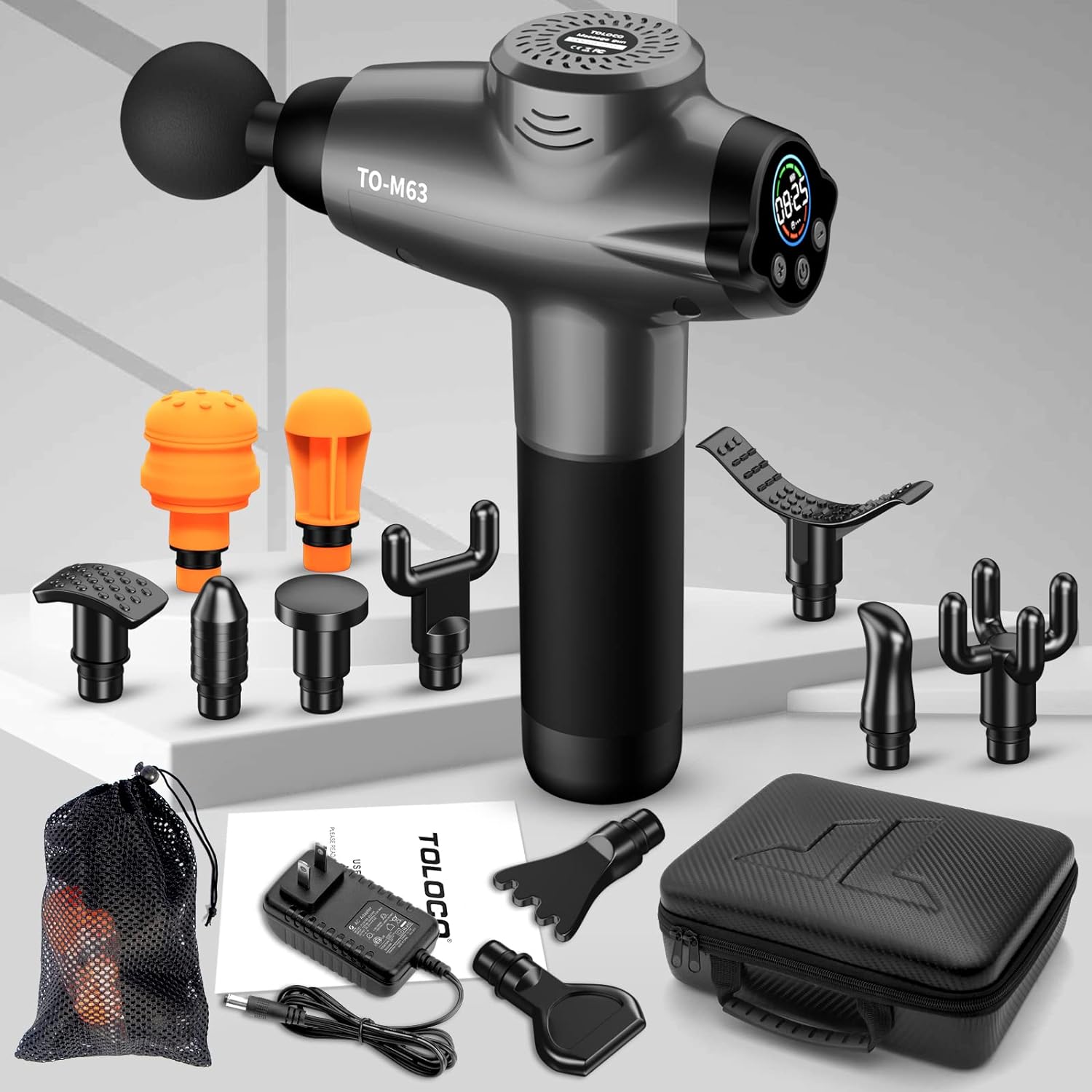 TOLOCO Massage Gun, Muscle Massager Compact Deep Tissue Treatment for Any Athlete, Portable Carry Case and 15 Interchangeable Heads Best Gift for Family and Friends, Grey