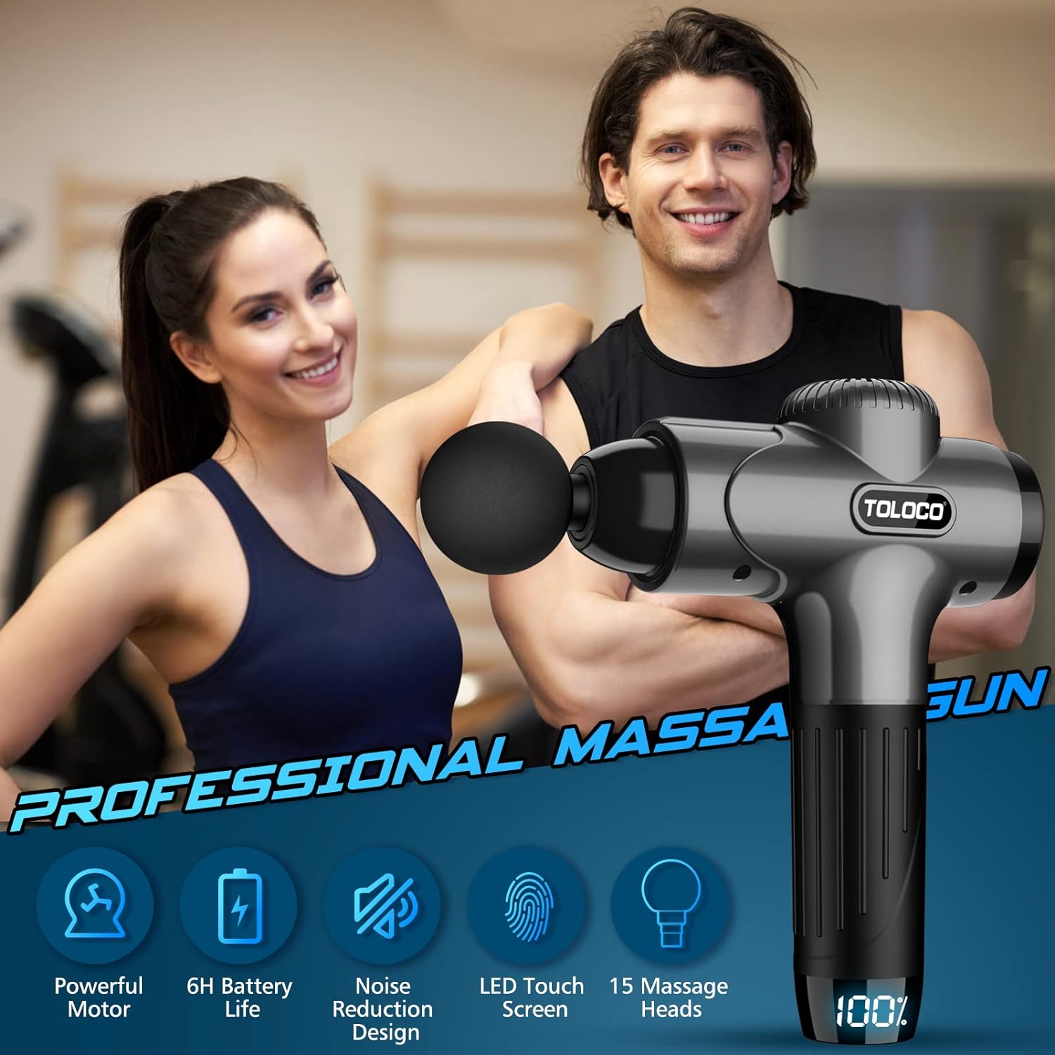 TOLOCO Massage Gun, Muscle Massage Gun Deep Tissue, Percussion Massage Gun with 15 Replacement Heads, Super Quiet Portable Electric Massager for Athletes, Treatment, Relax, Grey