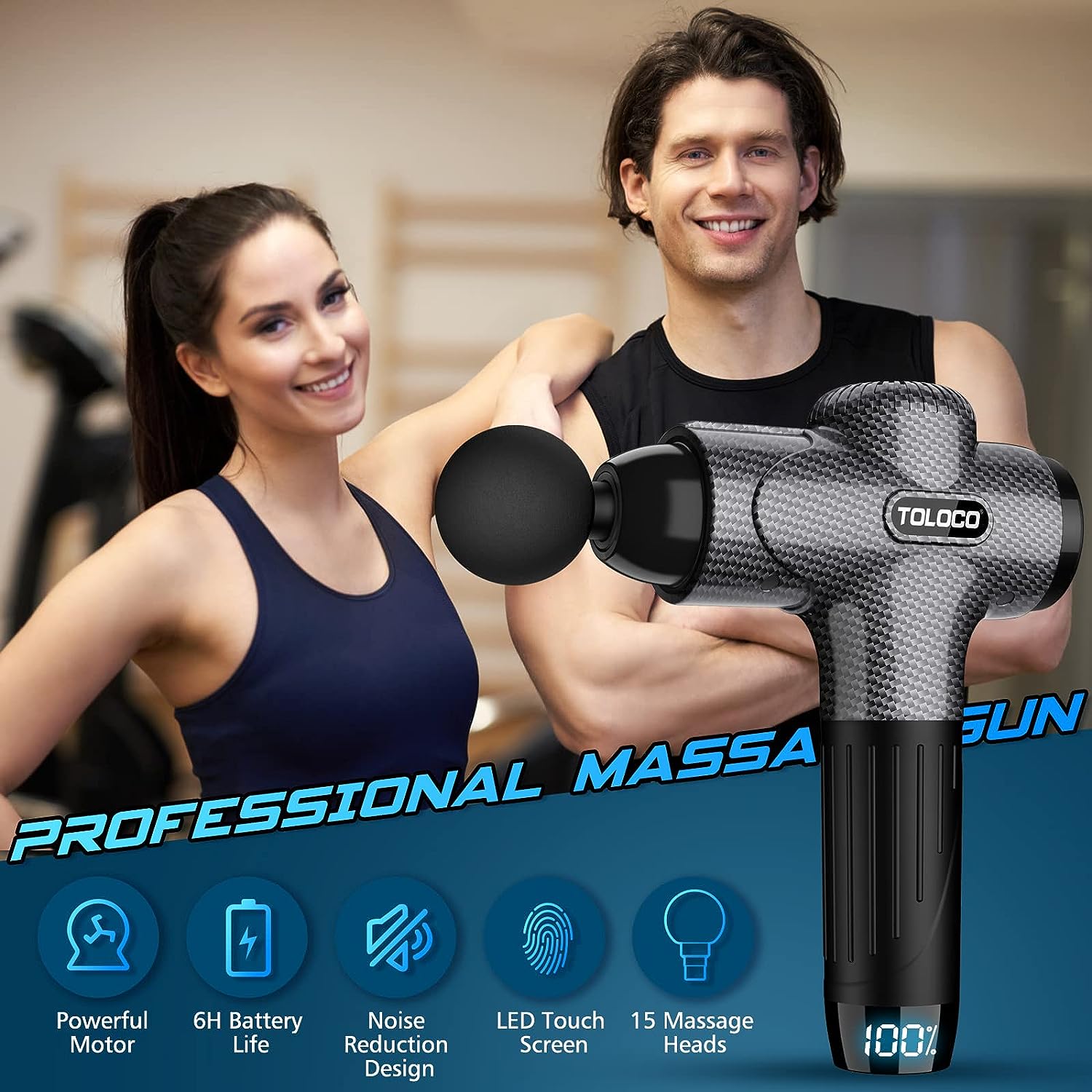TOLOCO Muscle Massage Gun Deep Tissue, Percussion Massage Gun with 15 Replacement Heads, Super Quiet Portable Electric Massager for Athletes, Treatment, Relax, Carbon